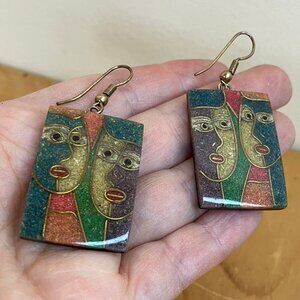 Modernist Abstract Faces Dangle Drop Resin Earrings Vintage 70s Colorful 2" Long